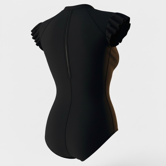 Black Ruffle Sleeve One Piece Swimsuit Front Zip Mock Neck Size L - Picture 3 of 6